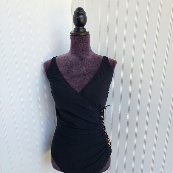Gottex Women's One Piece Swimsuit Lace Up Side Detail Black V-Neck Rutched Sz 14 - Picture 1 of 16